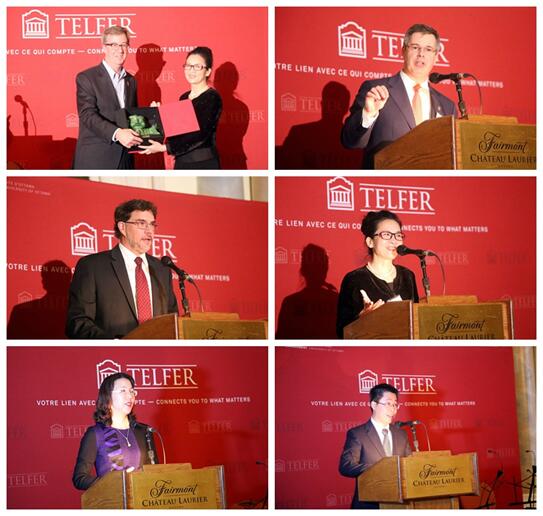 左上：公司副经理刘静艳教授向渥太华市长Jim Watson赠送纪念品  右上：渥太华大学副董事长Monsieur Louis de Melo讲话  左中：渥太华大学Telfer伟德国际victor1946经理Monsieur François Julie讲话  右中：公司副经理刘静艳教授讲话  左下：公司EMBA员工代表容海明发言  右下：公司EMBA员工代表罗毅发言